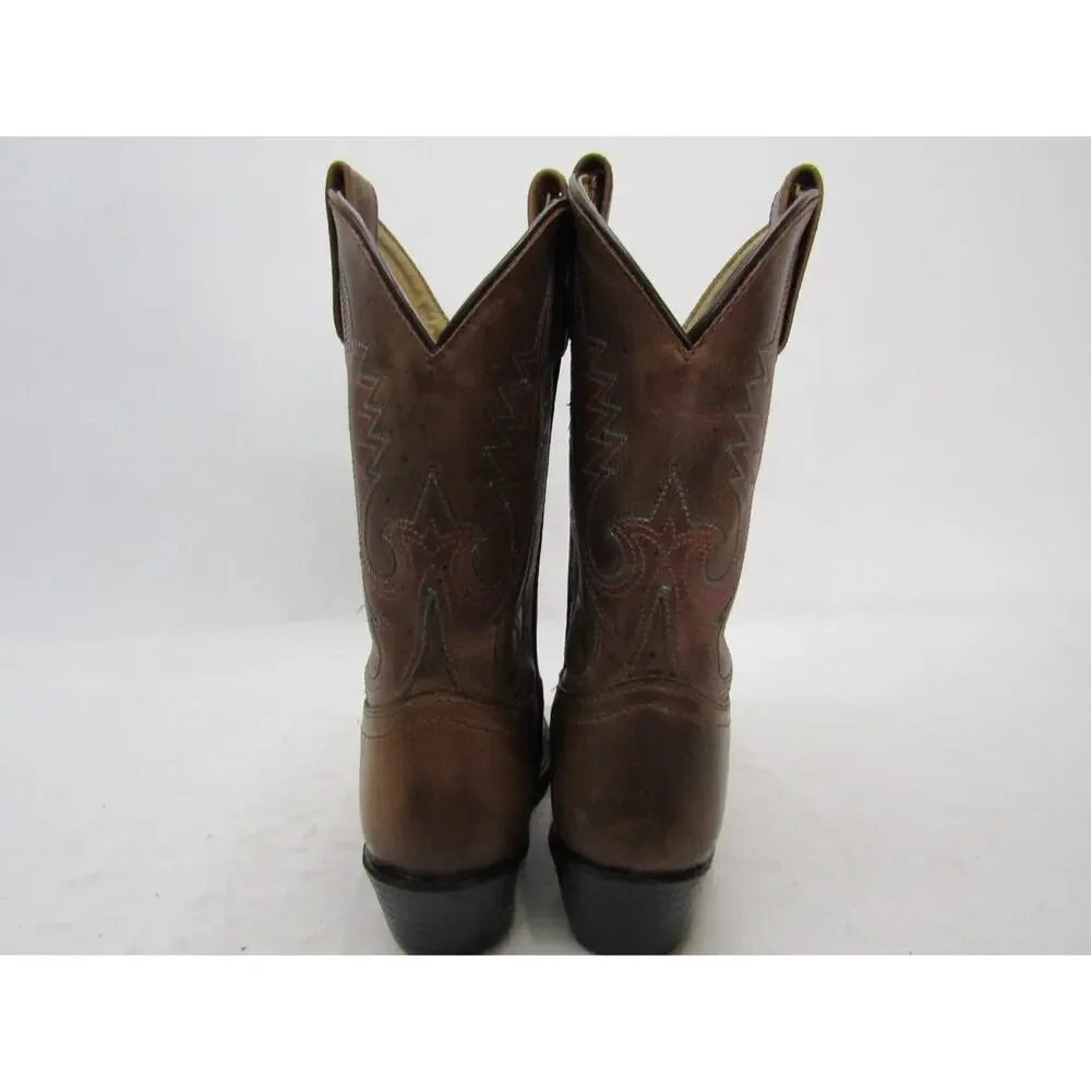 Smoky Mountain Youth Sz 2 R Brown Leather Pink Blue Stitching Cowboy Boots